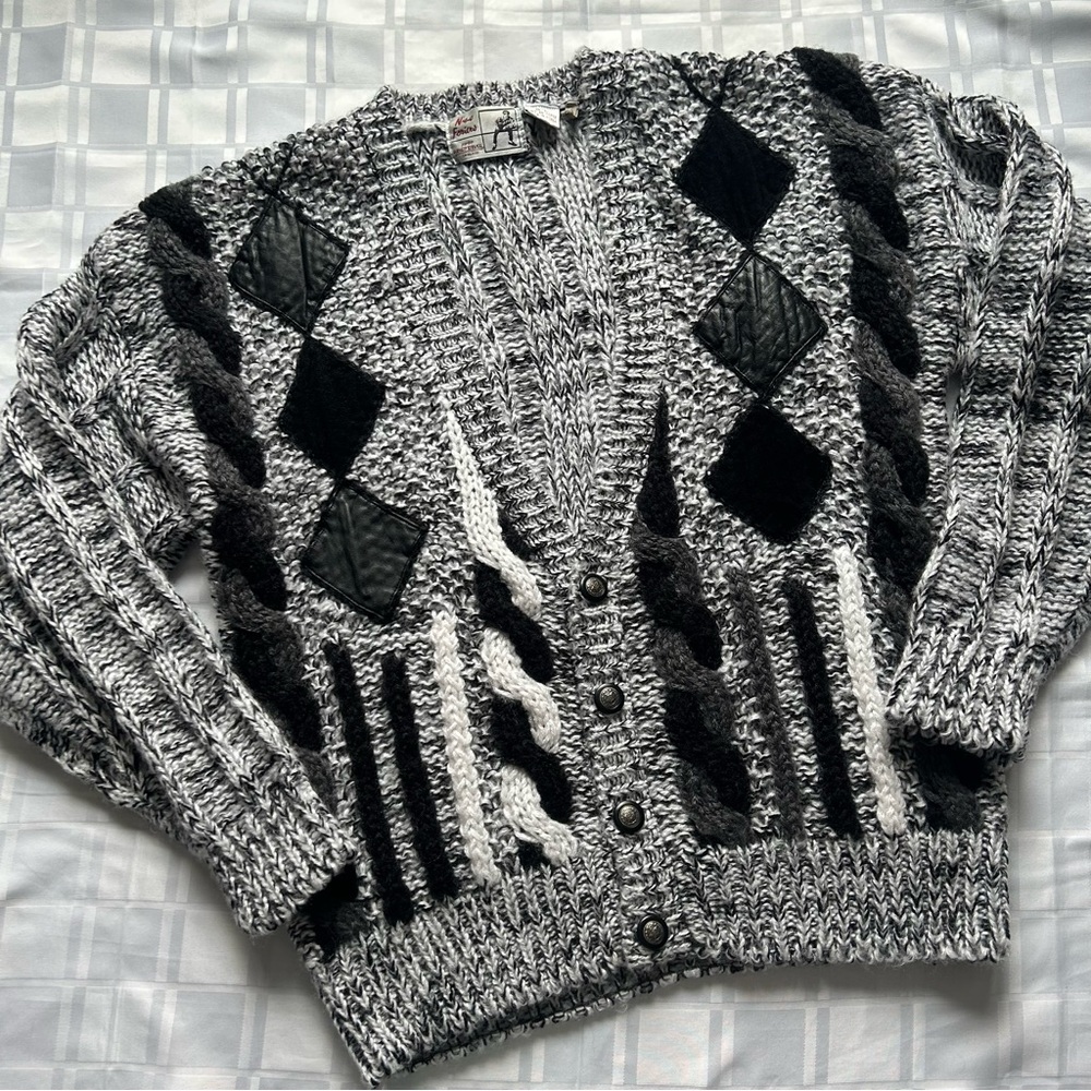 Nino Foriero Chunky Marled Black & White Cardigan Sweater with Leather Patches